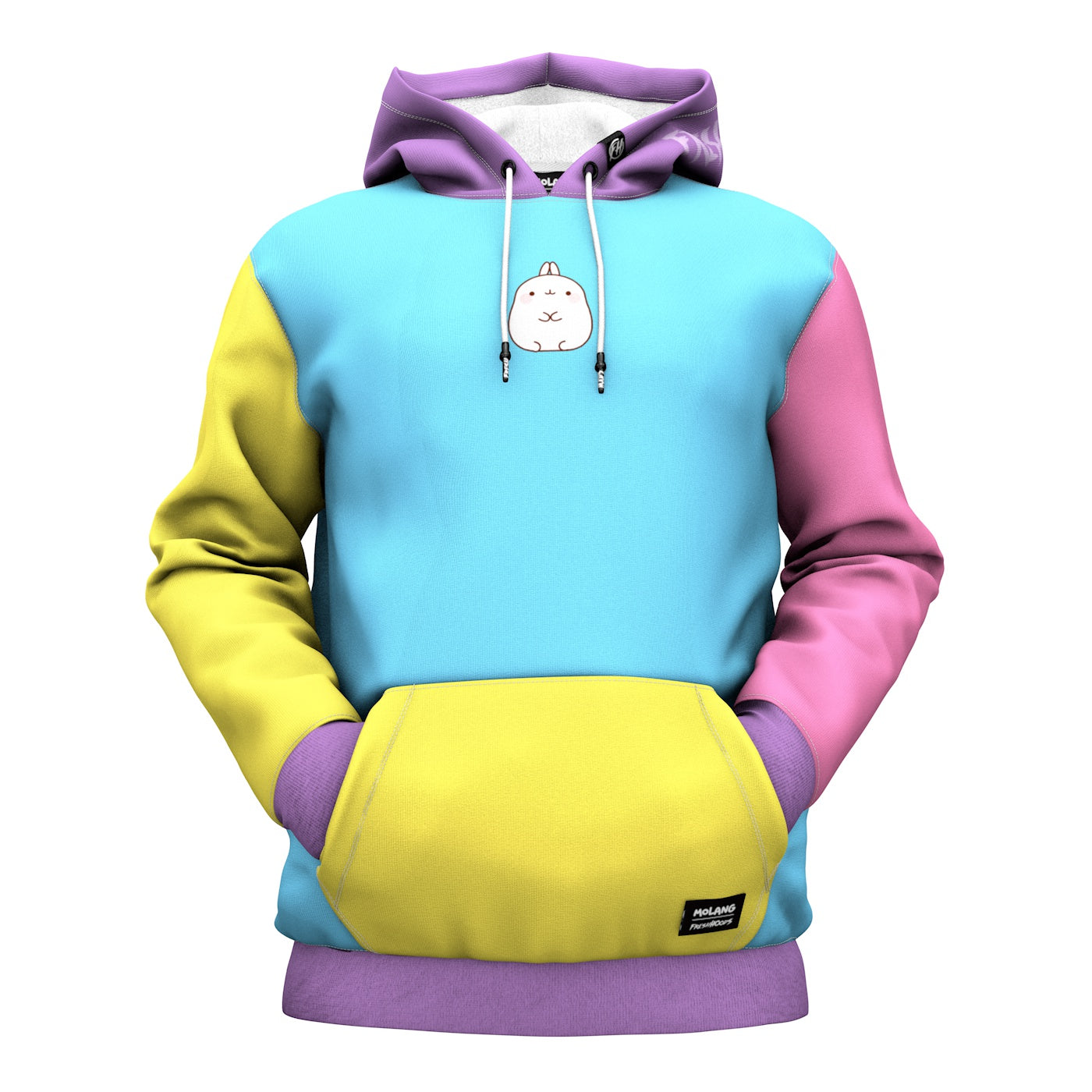 Pink blue store and yellow hoodie