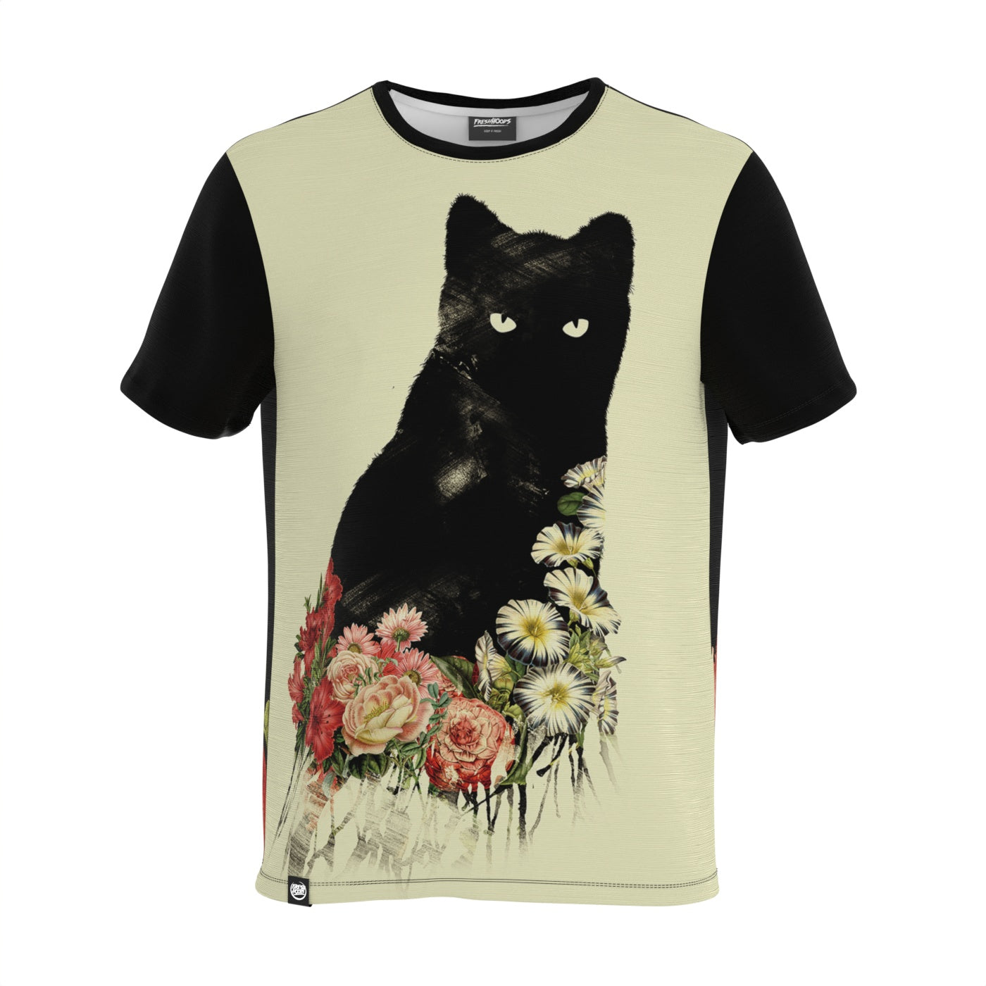 Black Cat Vintage Flowers T-Shirt